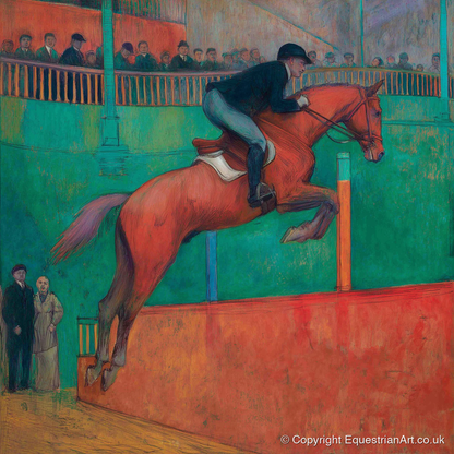 Emerald Arena Flight - show jumping horse art print and canvas by Lawrence Gable A.I
