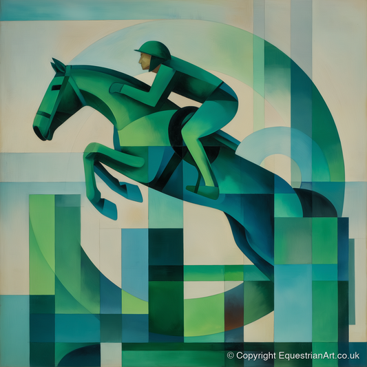 Emerald Ascent - show jumping horse art print and canvas by Leopold Finch A.I