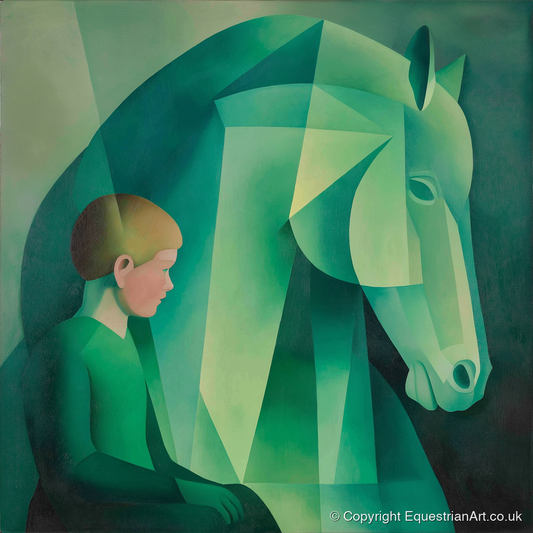 Emerald Equine Connection - horse & rider art print and canvas by Leopold Finch A.I