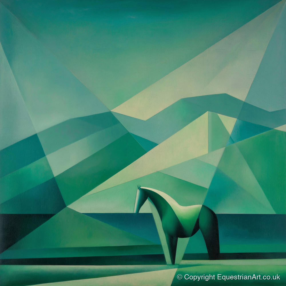 Emerald Equine Geometry - horse landscape art print and canvas by Leopold Finch A.I