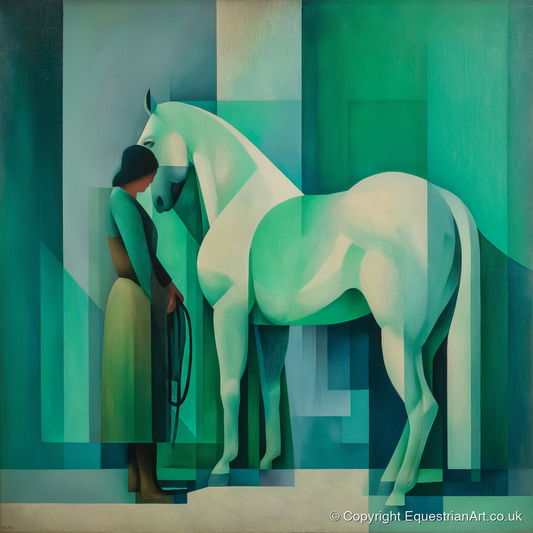 Emerald Equine Harmony - horse & rider art print and canvas by Leopold Finch A.I