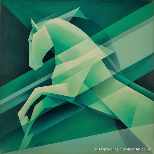 Emerald Geometric Leap - show jumping horse art print and canvas by Leopold Finch A.I