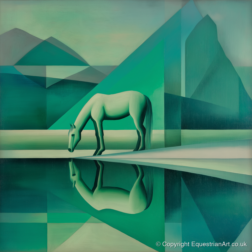 Emerald Geometric Serenity - horse landscape art print and canvas by Leopold Finch A.I