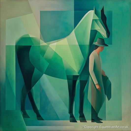 Emerald Geometry - horse & rider art print and canvas by Leopold Finch A.I