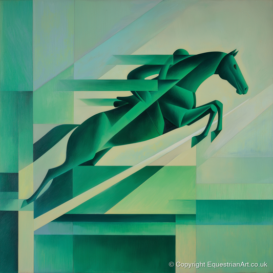 Emerald Momentum - show jumping horse art print and canvas by Leopold Finch A.I