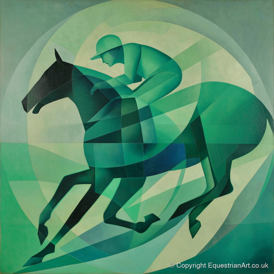 Emerald Rhythm - racing horse art print and canvas by Leopold Finch A.I