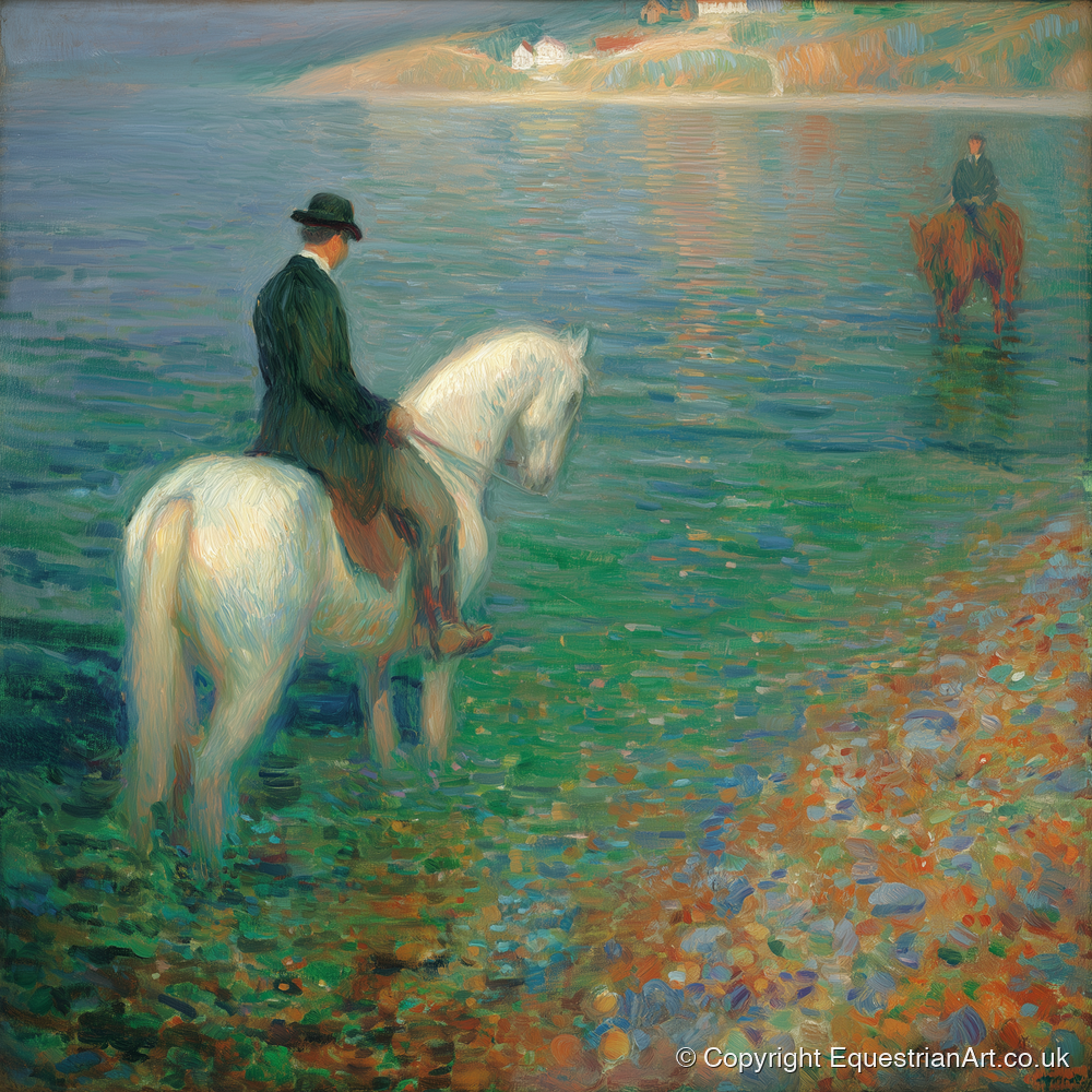 Emerald Shoreline Hack - beach horse art print and canvas by Ambrose Keating A.I