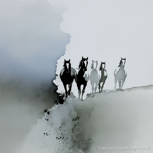 Emerging From the Mist - wild horses art print and canvas by Adrian Frost A.I