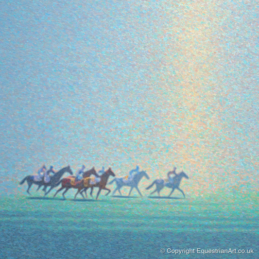 Ethereal Morning Gallop - racing horse art print and canvas by Sienna Radcliffe A.I
