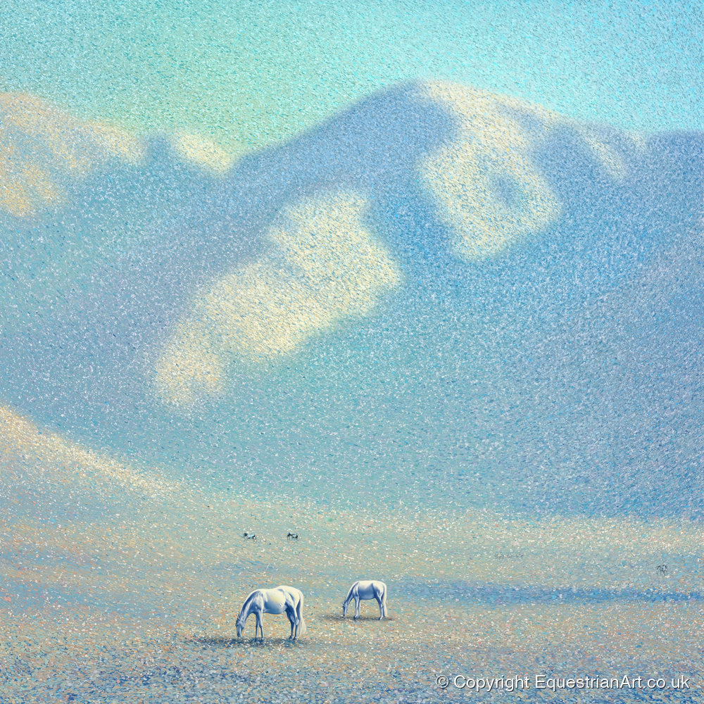 Ethereal Mountain Grazing - horse landscape art print and canvas by Sienna Radcliffe A.I