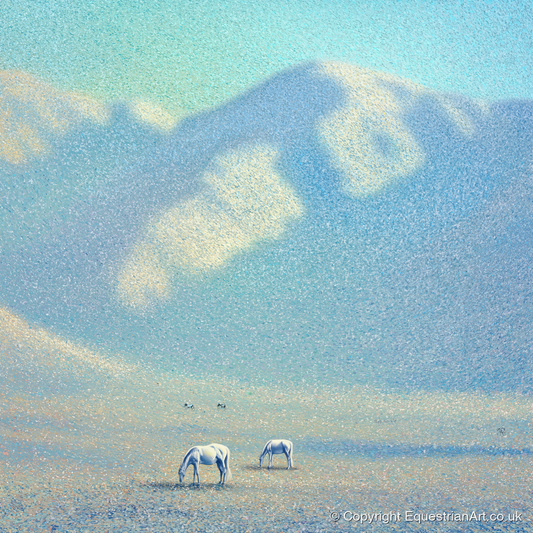 Ethereal Mountain Grazing - horse landscape art print and canvas by Sienna Radcliffe A.I