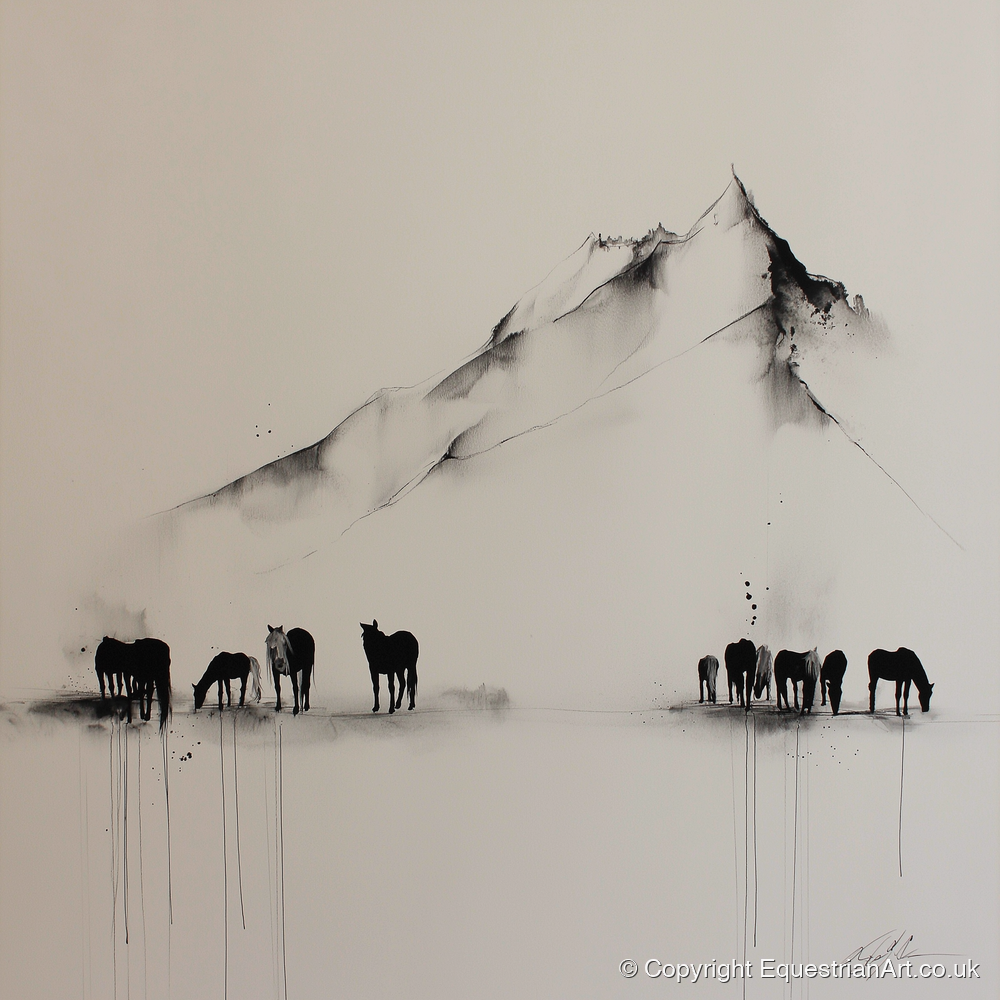 Ethereal Mountain Herd - horse landscape art print and canvas by Alexander Blackwood A.I