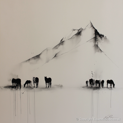 Ethereal Mountain Herd - horse landscape art print and canvas by Alexander Blackwood A.I