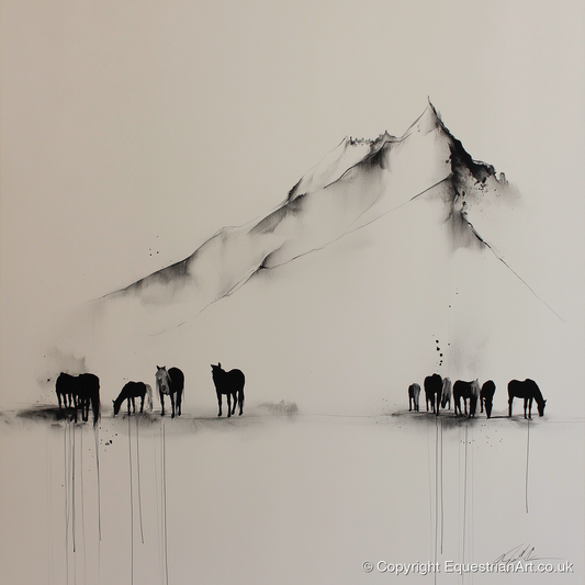 Ethereal Mountain Herd - horse landscape art print and canvas by Alexander Blackwood A.I