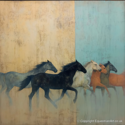 Ethereal Ochre Herd - wild horses art print and canvas by Eloise Fairfax A.I