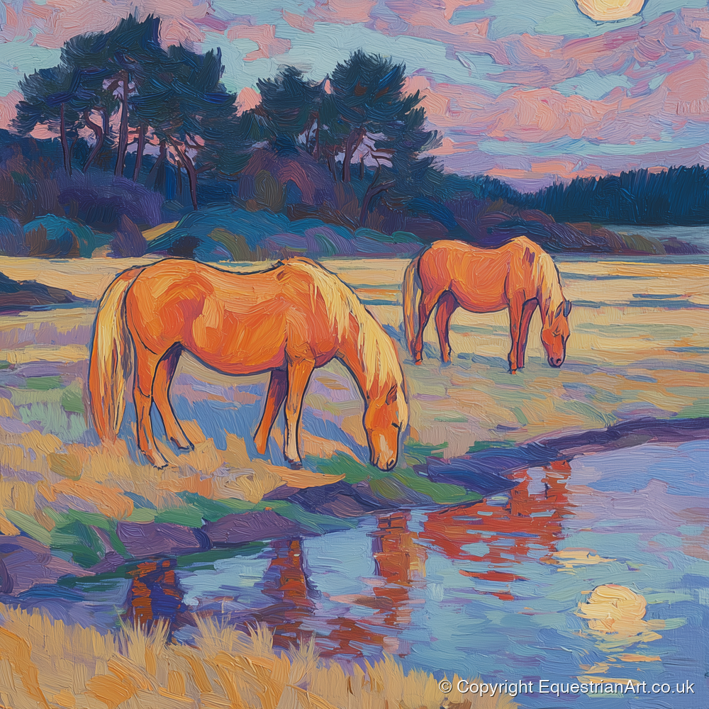 Evening Pasture Reflections - horse landscape art print and canvas by Celia Harding A.I