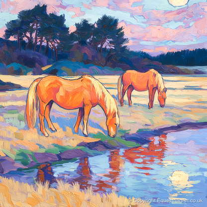 Evening Pasture Reflections - horse landscape art print and canvas by Celia Harding A.I