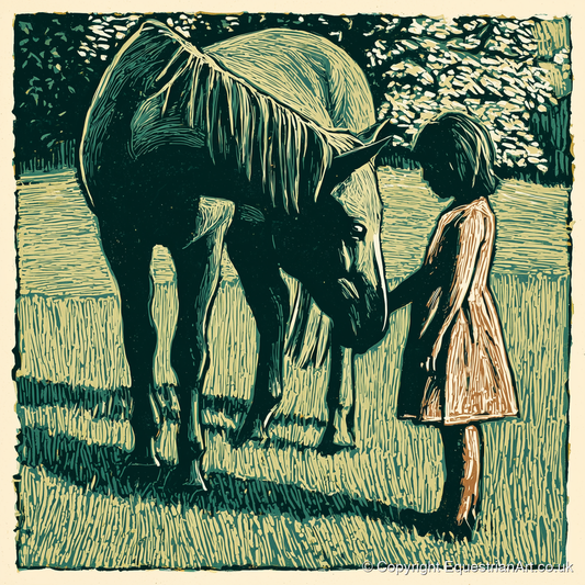 First Greetings - horse & rider art print and canvas by Hector Sullivan A.I