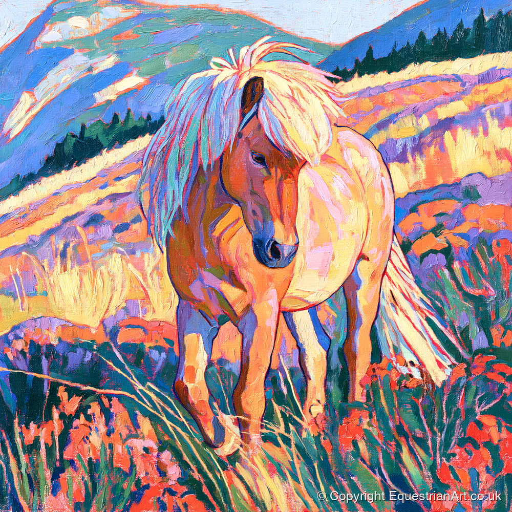 Fjord Horse in Vibrant Mountains - horse breed art print and canvas by Celia Harding A.I
