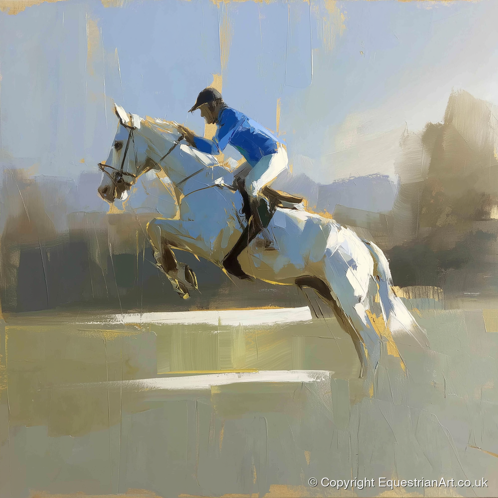 Flight in Blue - show jumping horse art print and canvas by Elias Thorne A.I