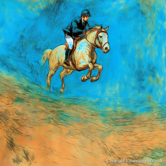 Flight in Cerulean - show jumping horse art print and canvas by Cecily Warwick A.I