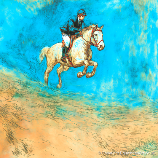 Flight in Cerulean - show jumping horse art print and canvas by Cecily Warwick A.I