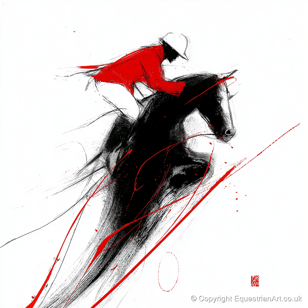 Flight in Crimson - show jumping horse art print and canvas by Sebastian Vale A.I