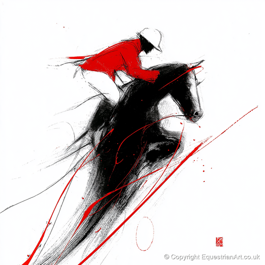 Flight in Crimson - show jumping horse art print and canvas by Sebastian Vale A.I