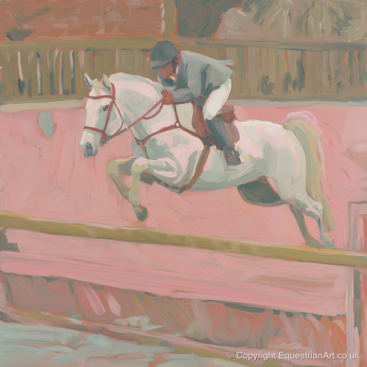 Flight in Dusty Pink - show jumping horse art print and canvas by Florence Hadley A.I
