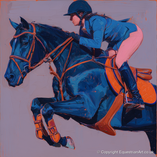 Flight in Indigo - show jumping horse art print and canvas by Evander Winslow A.I