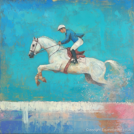Flight in Turquoise - show jumping horse art print and canvas by Benedict Croft A.I