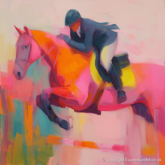 Flight in Vibrant Colour - show jumping horse art print and canvas by Rosalind Pierce A.I
