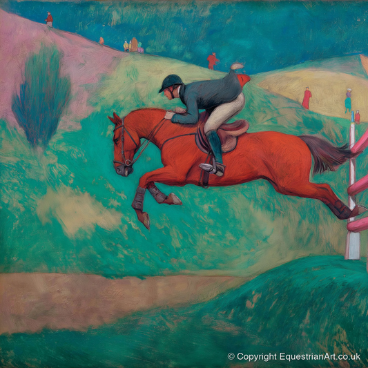 Flight Over Emerald Hills - show jumping horse art print and canvas by Lawrence Gable A.I