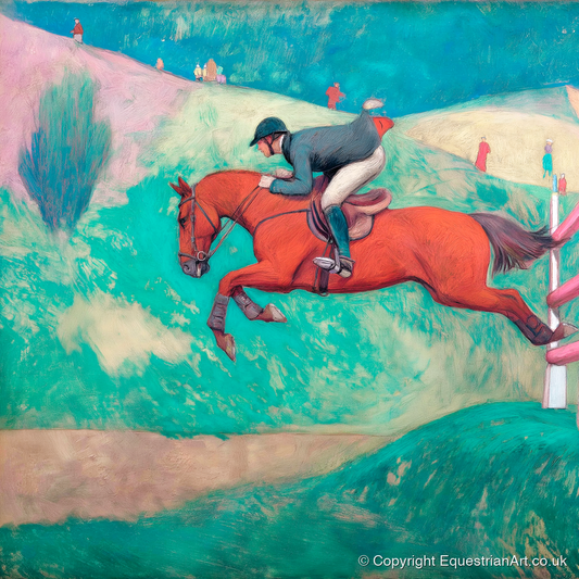 Flight Over Emerald Hills - show jumping horse art print and canvas by Lawrence Gable A.I