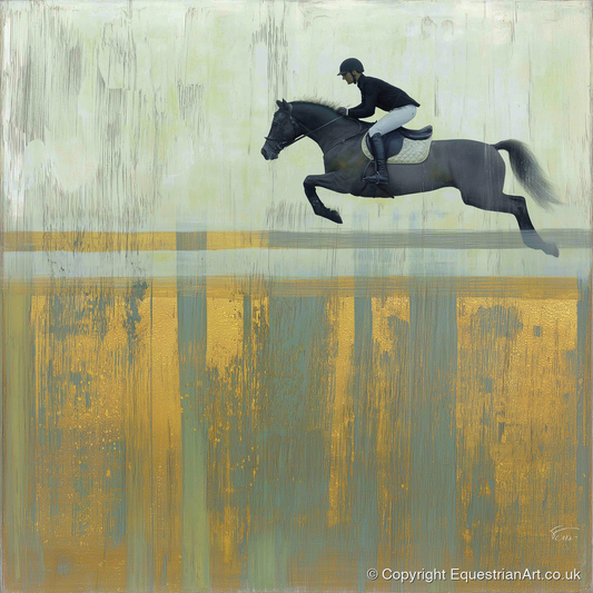 Flight Over Gold - show jumping horse art print and canvas by Graham Whitaker A.I