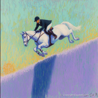 Flight Over Lavender - show jumping horse art print and canvas by Imogen Spencer A.I