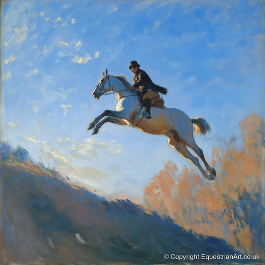 Flight Over The Ridge - show jumping horse art print and canvas by Gabriel Hayes A.I