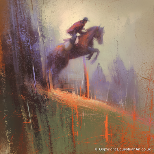 Flight Through the Haze - show jumping horse art print and canvas by Rupert Kingsley A.I