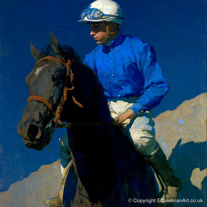 Focus Under Cobalt Skies - racing horse art print and canvas by Percival Kent A.I