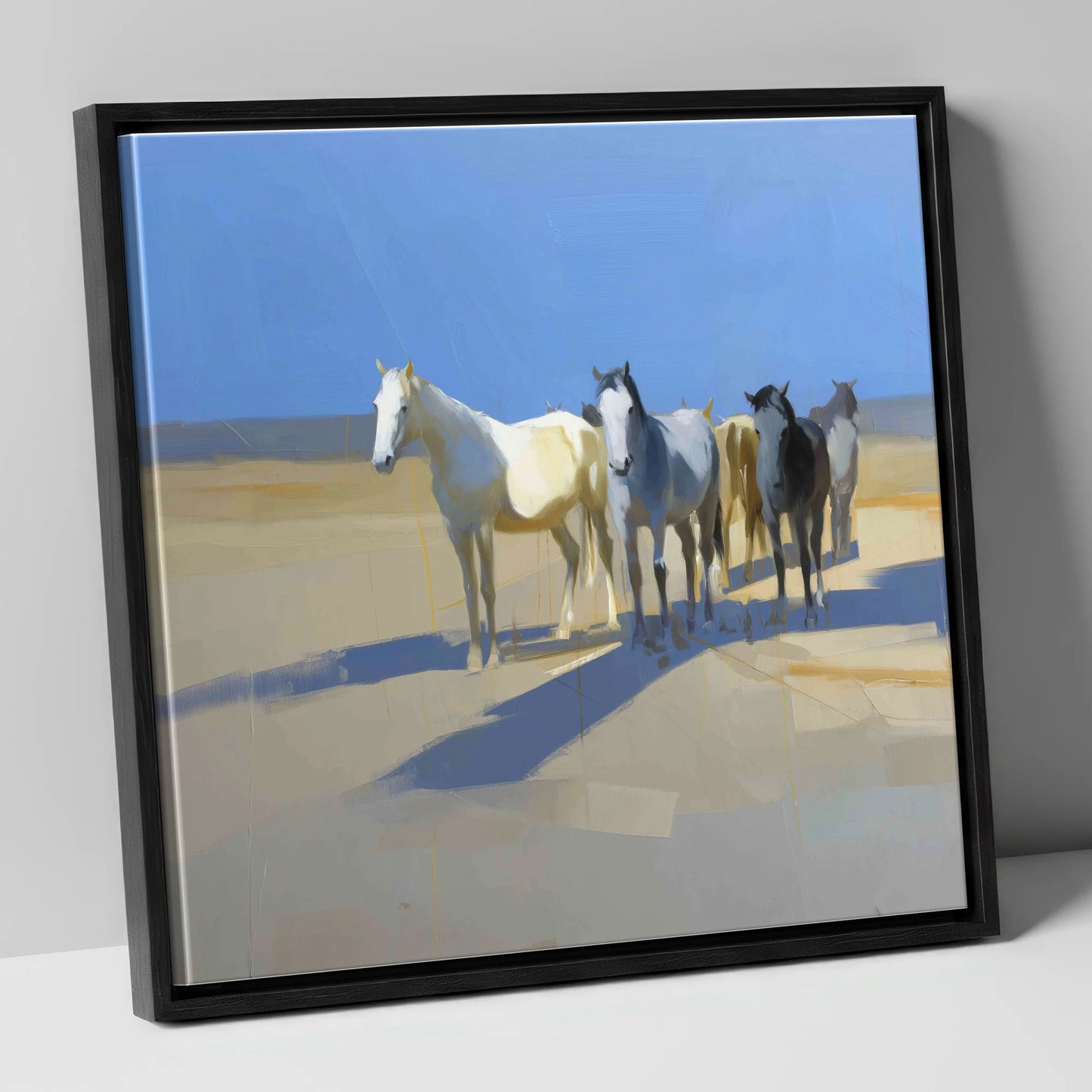 Sunlit High Plains wild horses canvas wall art in black frame