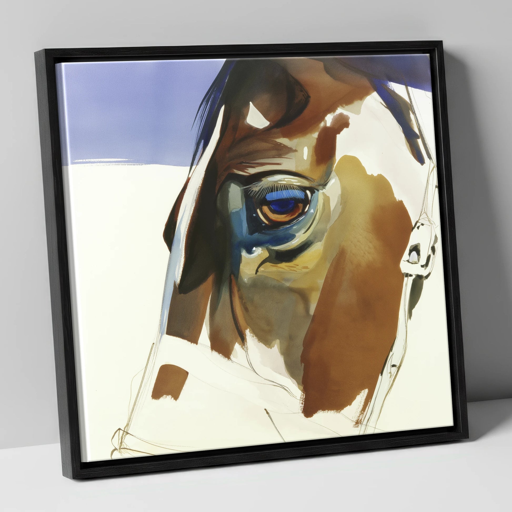 The Indigo Gaze horse portrait canvas wall art in black frame