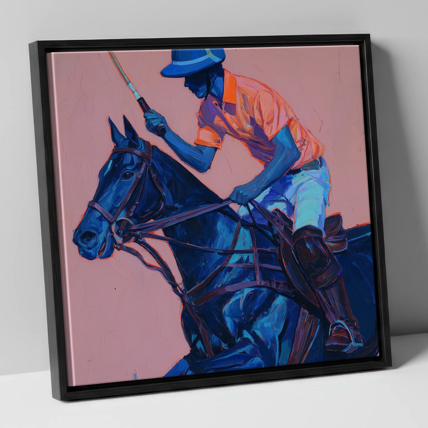 The Indigo Chukka polo horse canvas wall art in black frame
