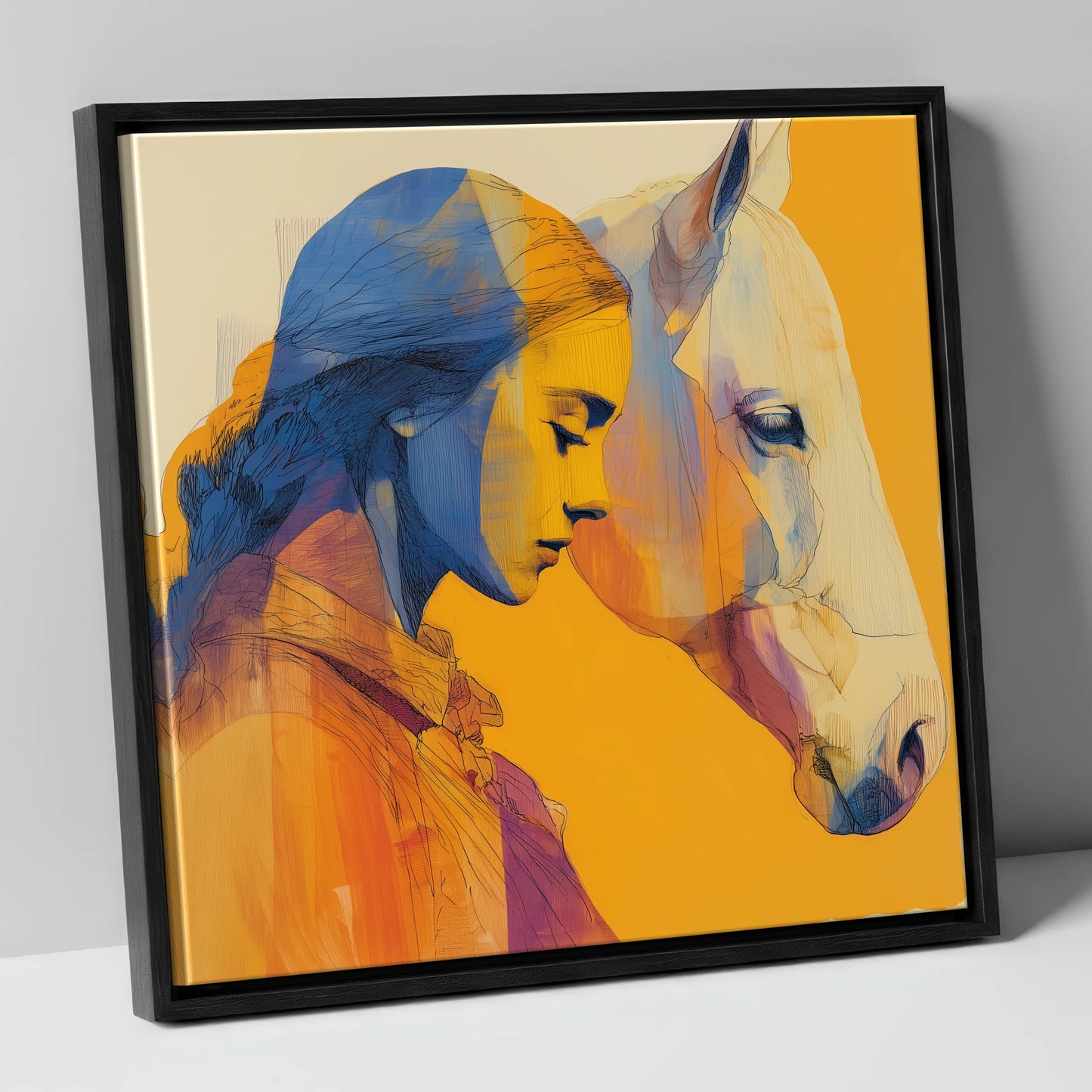 Amber Embrace horse & rider canvas wall art in black frame