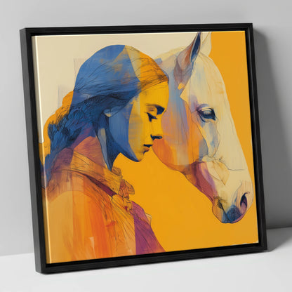 Amber Embrace horse & rider canvas wall art in black frame