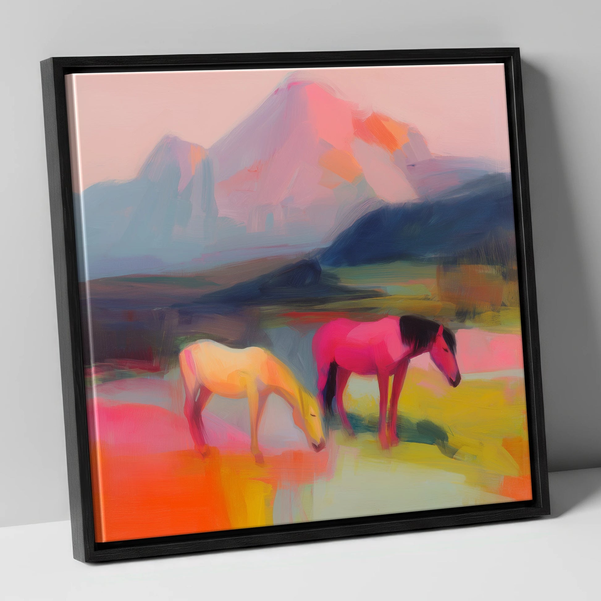 Vivid Mountain Pasture horse landscape canvas wall art in black frame
