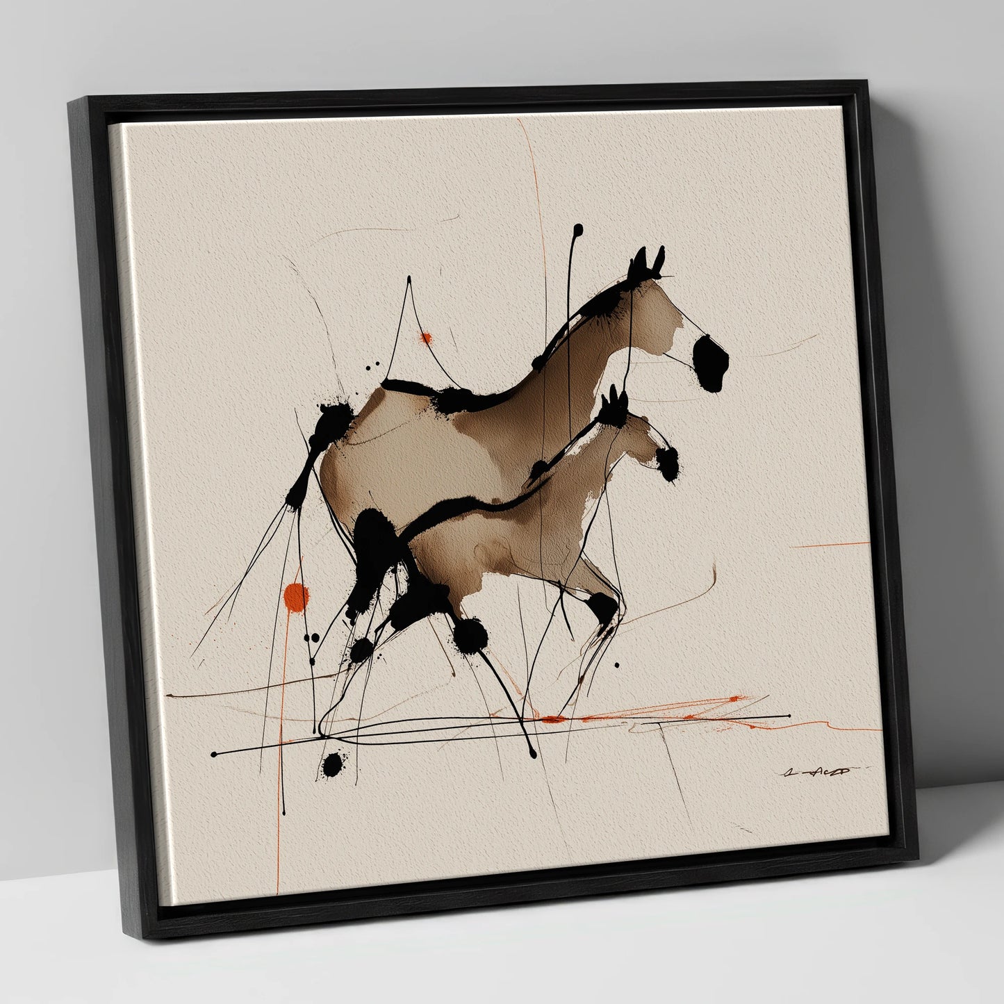 Sepia Shadows mare & foal canvas wall art in black frame
