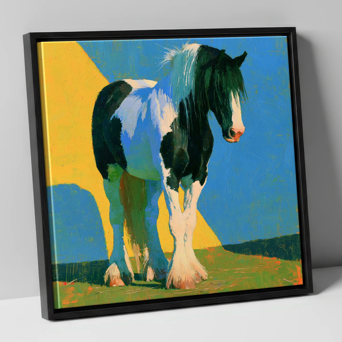 Piebald Cob in Bright Colours horse breed canvas wall art in black frame