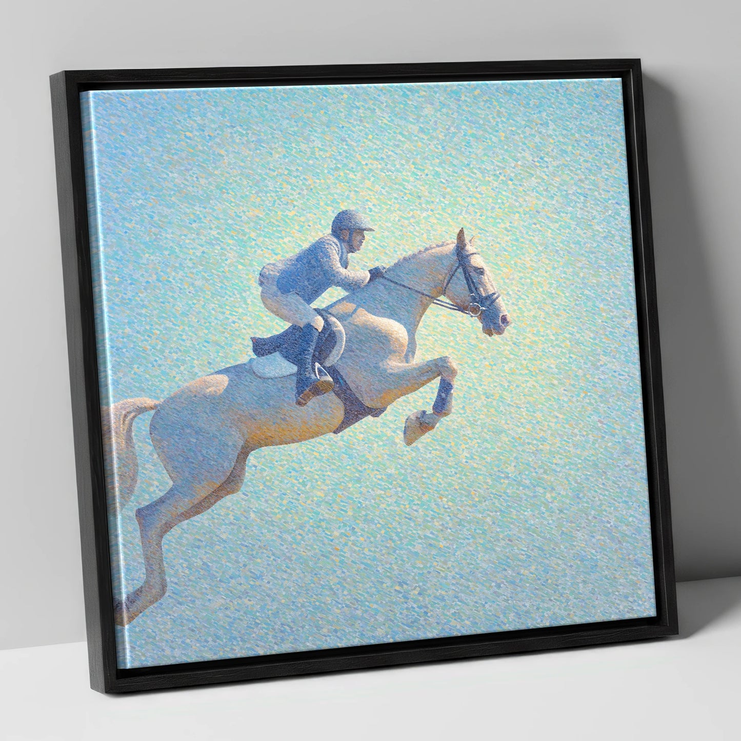 Luminous Ascent show jumping horse canvas wall art in black frame