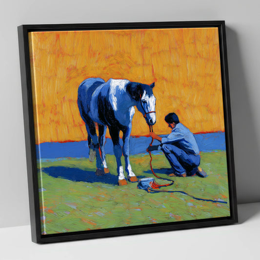 Sun-Drenched Connection horse & rider canvas wall art in black frame