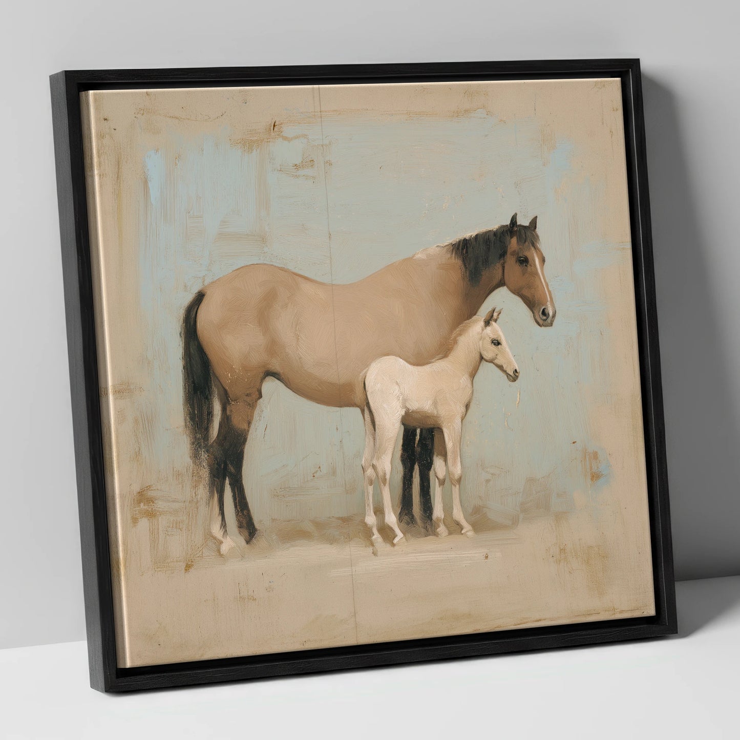 A Quiet Bond mare & foal canvas wall art in black frame